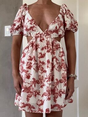 Bardot Mini Dress with Red Floral Print